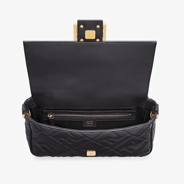 Affordable HOT Nappa Baguette Bag Motif In Leather Medium FF Fendi Black 0629